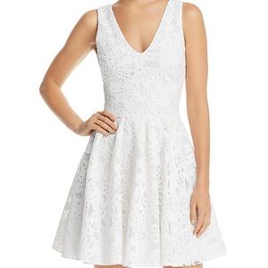 Aqua White Floral Mesh Double V-Neck Fit & Flare Dress